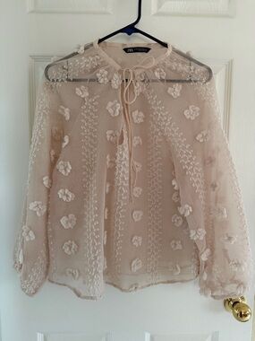 Zara Pale Blush Pink Floral Appliqué Tie-Neck Blouse